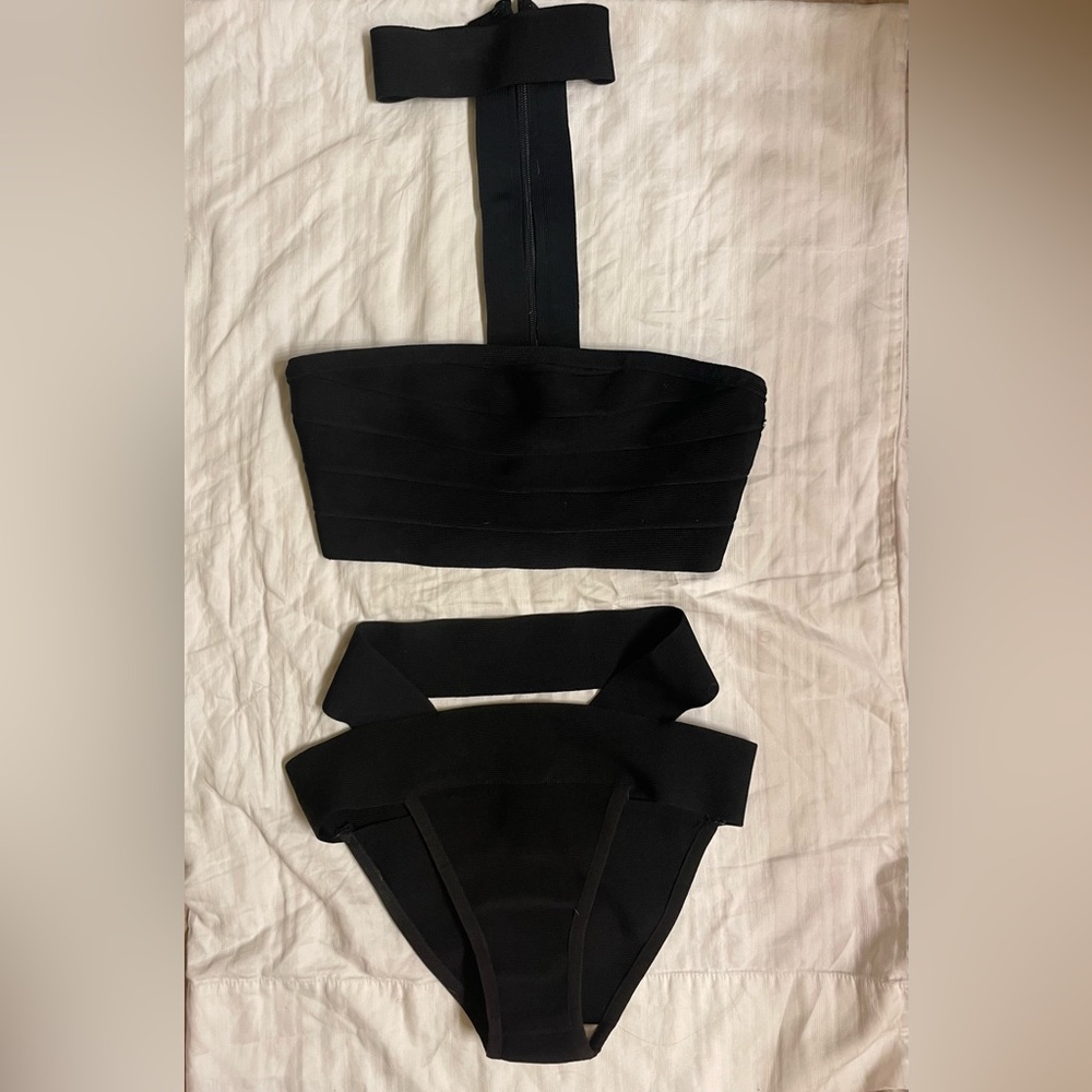 Black strapless choker strappy bikini set